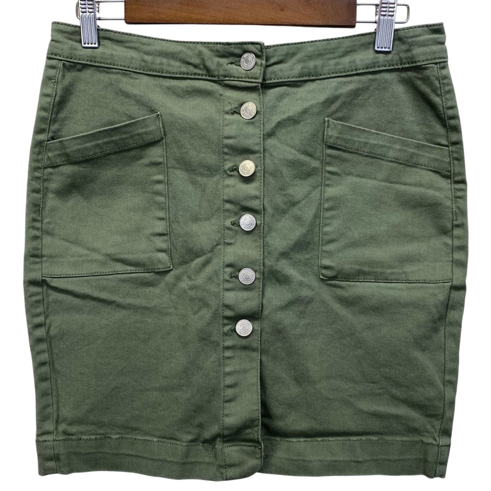 Route 66 Button Front Mini Skirt Womens 6 Olive Green Utility Cotton Twill